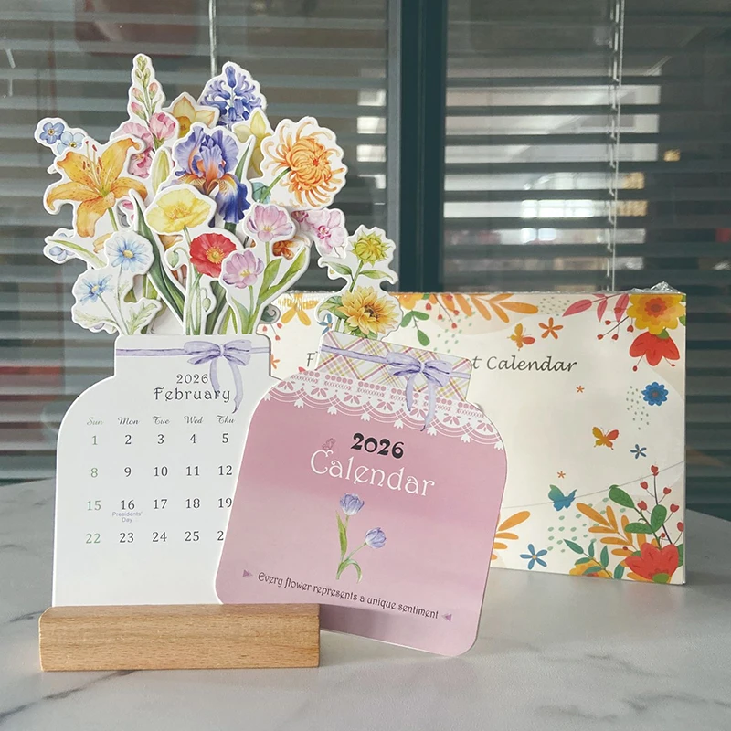 

1pc Environmentally Friendly Paper Flower Desktop Calendar Wooden Stand Calendar Cute Exquisite Decorative Ornament Natural Wood