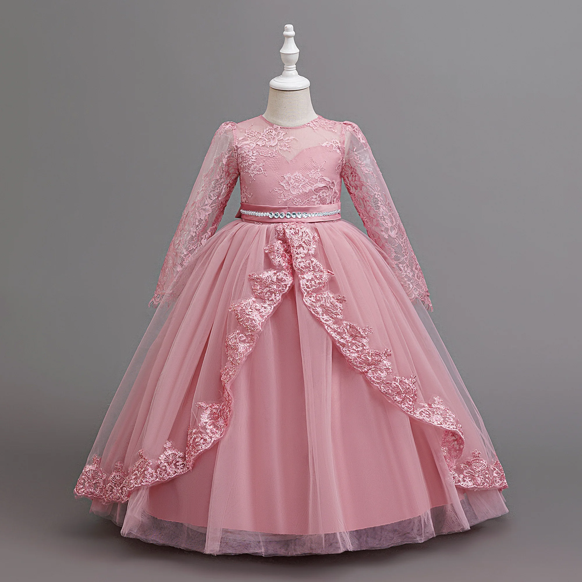 Long Sleeve Baptism Bridesmaids Party Girl Dresses Tulle Wedding Costumes Elegant Flower Princess Dress Girls Birthday Prom Gown