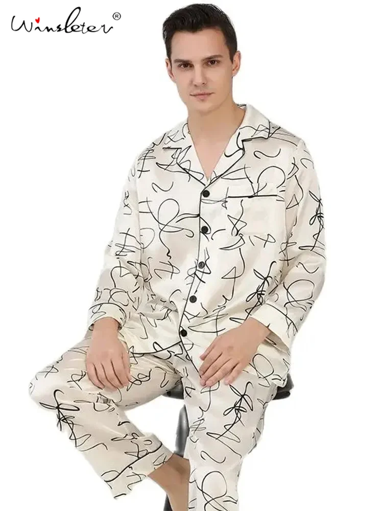 

2024 New Men Homewear,19MM 100%Real Silk Pajamas Sets,Fashion Casual Print Loungewear Pant,2Piece Suit Sleepwear,S3N844QM