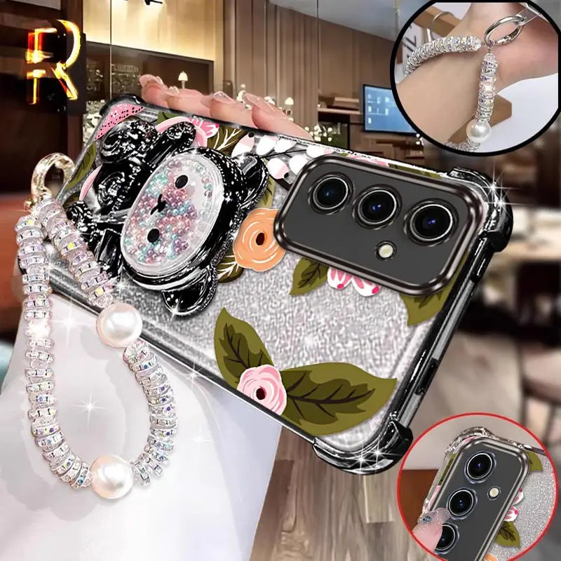 

S24 Bright Pink flowers Bracelet Holder Phone Case For Samsung S25Ultra S23FE S23Plus S24Ultra S23Ultra S24FE S22 S24 S25 Cover