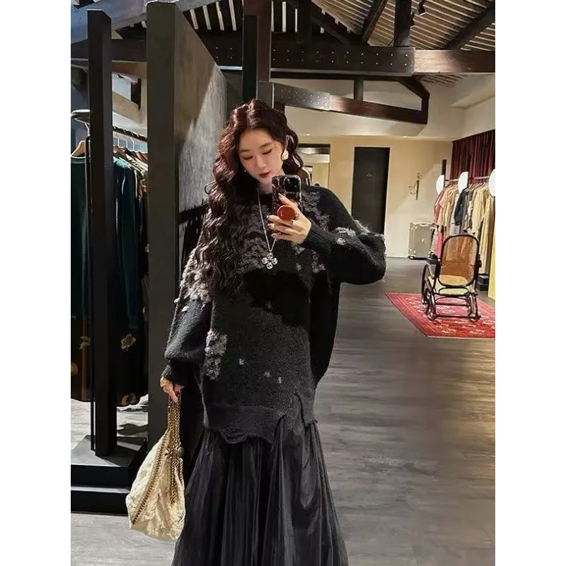 2026 فستان أخضر محبوك فستان المرأة خريف شتاء جديد منتصف طول خياطة الثقيلة سوبر الجنية فستان سترة