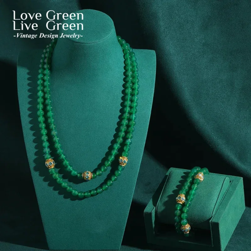 

Vintage Green Jewelry Set Boho Crystal Emerald Beaded Necklace Bohemian Women Layered Bracelet Antique Accessories Wedding 2025