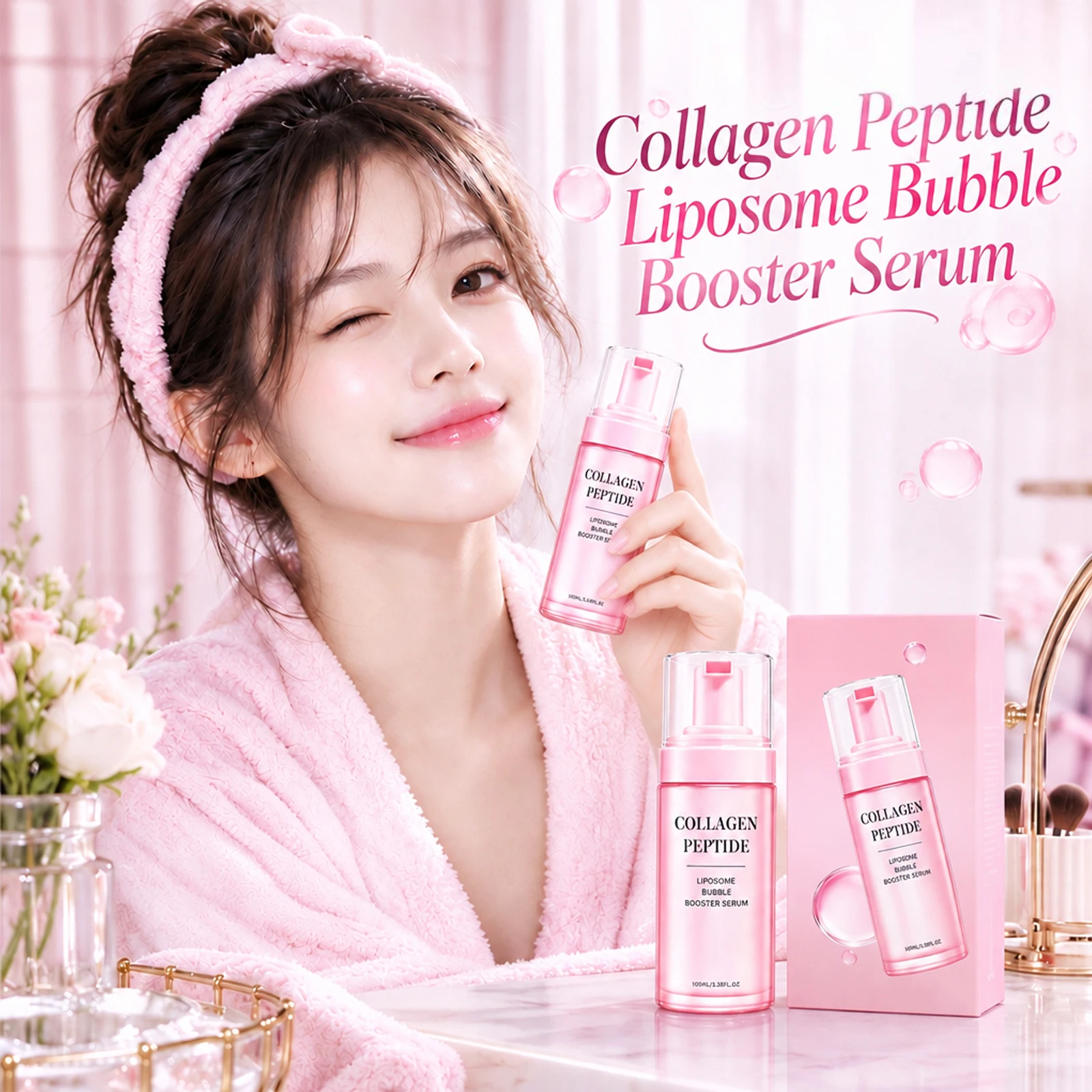 Collagen Peptide Serum Facial Rejuvenation Relieve Dryness Firming Hydrating Plumping Brightening Bubble Booster Skin Care 105ml