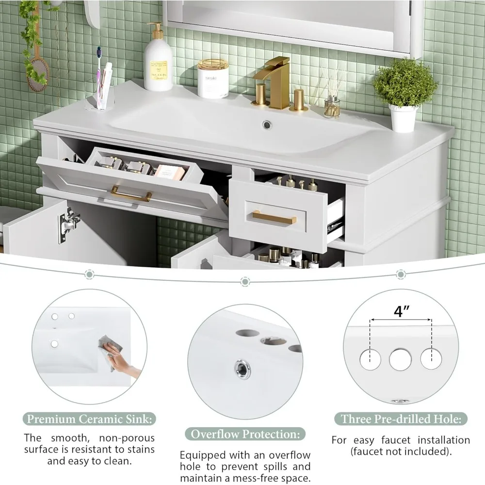 Meja wastafel kamar mandi kayu solid 36 inci dengan wastafel keramik dan 4 laci