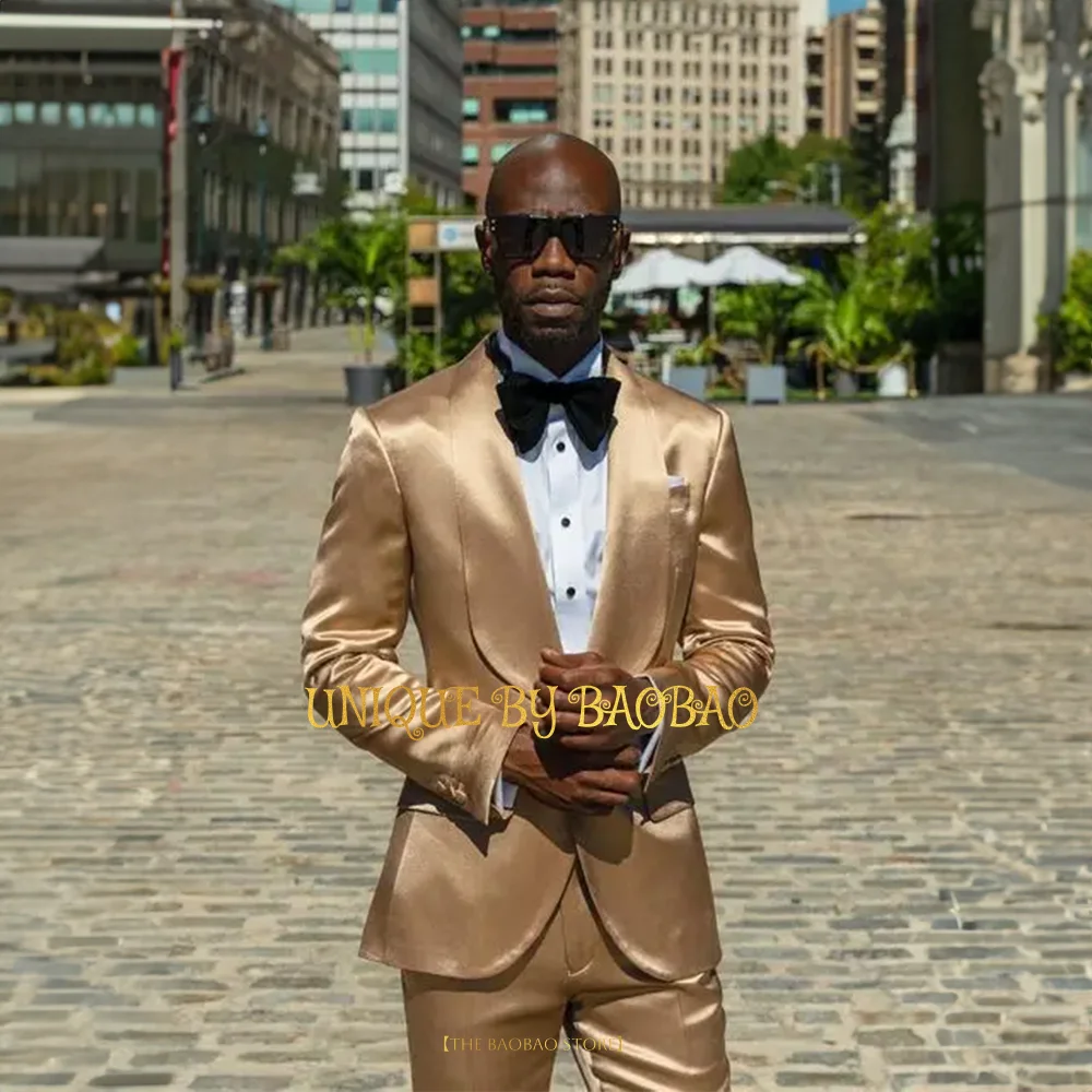 Men's Tuxedo 2-Piece (Jacket+pants) tailored Shiny Satin Suit for Luxury African Wedding Groom Banquet Christmas Halloween Party