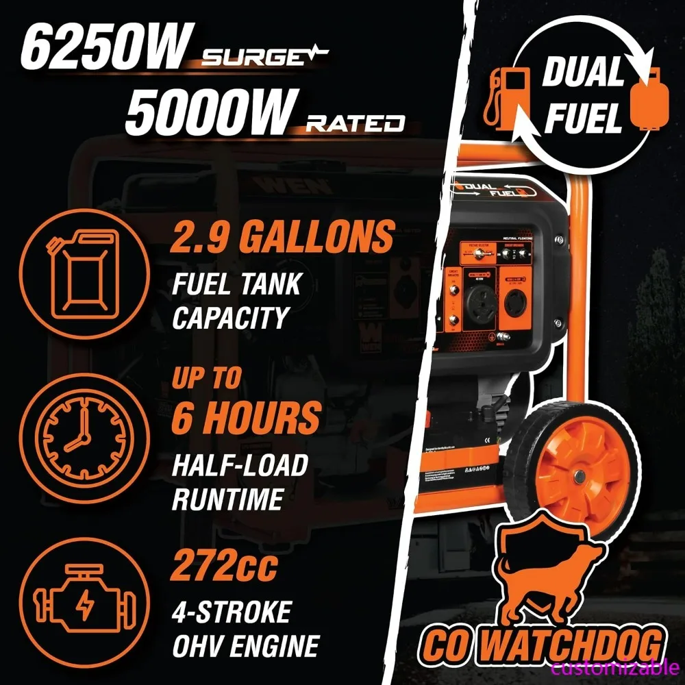 

6250 Watt Dual Fuel Portable Generator with Electric Start, Wheel Kit, and CO Shutdown Sensor