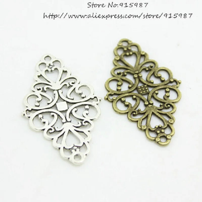 Sweet Bell 30pcs/Lot Alloy Metal Hollow Filigree Flower Charm Jewelry Connectors 24*41mm Vintage Filigree Jewelry Findings