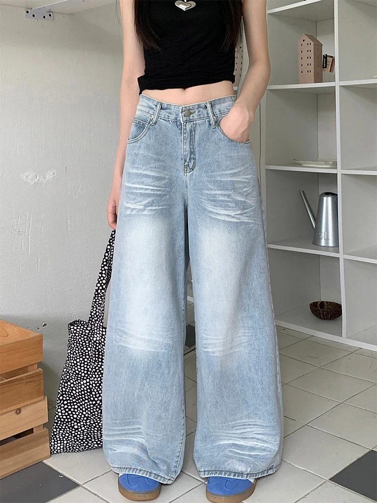 Women Light Blue Y2k Jeans Harajuku Baggy Denim Trousers Vintage Japanese 2000s Style Oversize Jean Pants Trashy Fashion Clothes