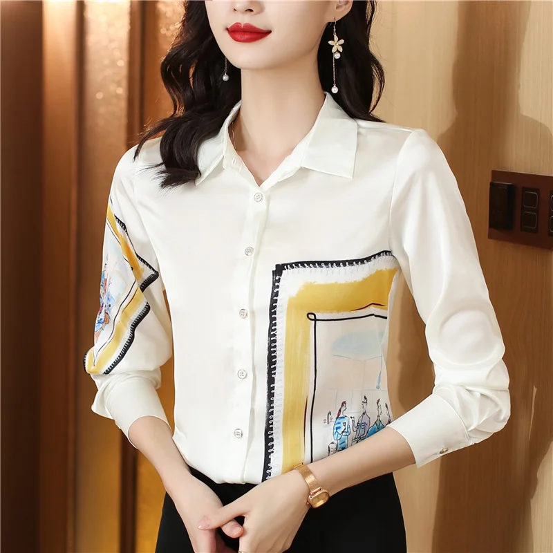

Clothing Unique Printed Silk Polo Collar Long Sleeve Shirt For Women