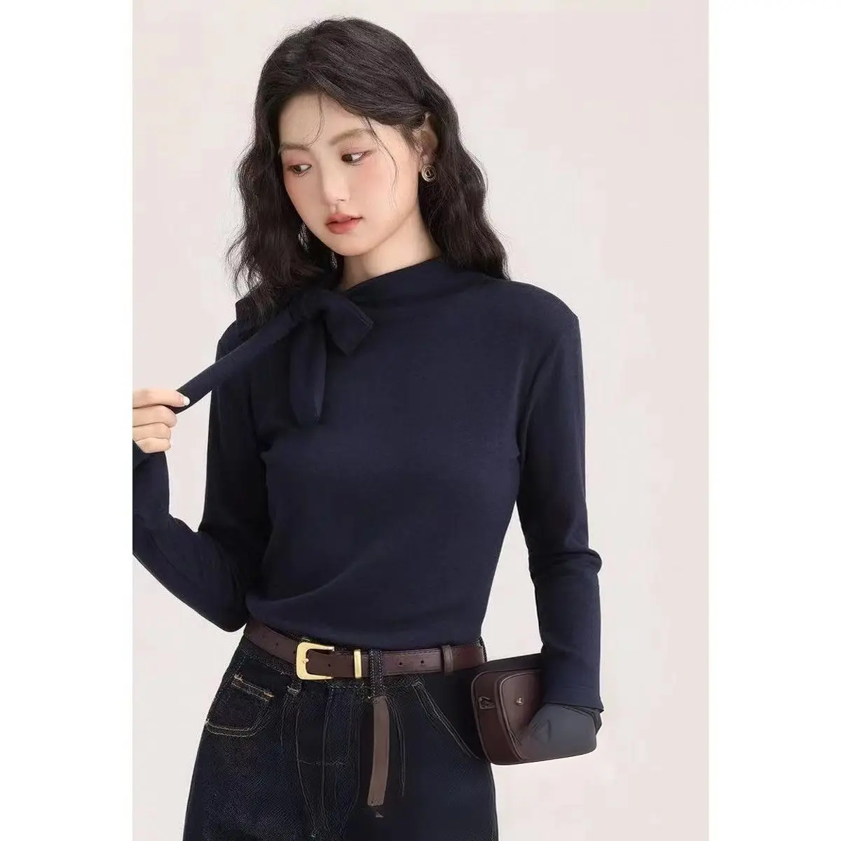Women Mock Neck Bow Tie Long Sleeve Top Slim Fit Solid Elegant Flare Cuff Layering Blouse