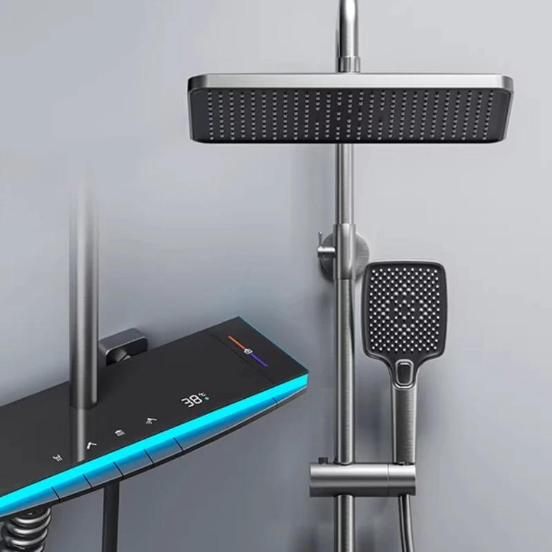 Gun Gray Water-plated Household Shower Set, Constant Temperature Digital Display, All-copper Main Body Pressurized Shower Head