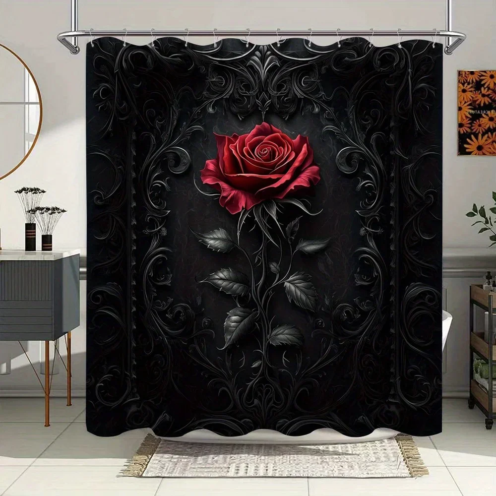 Gothic Red Rose Shower Curtain - Elegant Black Polyester, 3D Floral Design, 12 Hooks, Dramatic Ornate Decor