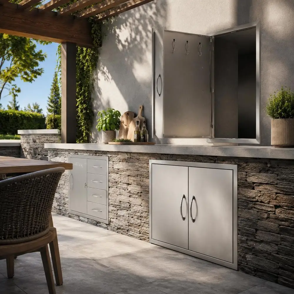 Porte d'accès au barbecue, 787 x 609 mm, porte double pour cuisine extérieure, porte en acier inoxydable à montage encastré, porte verticale à double paroi avec poignées et crochets, pour îlot de barbecue, poste de barbecue, armoire extérieure.