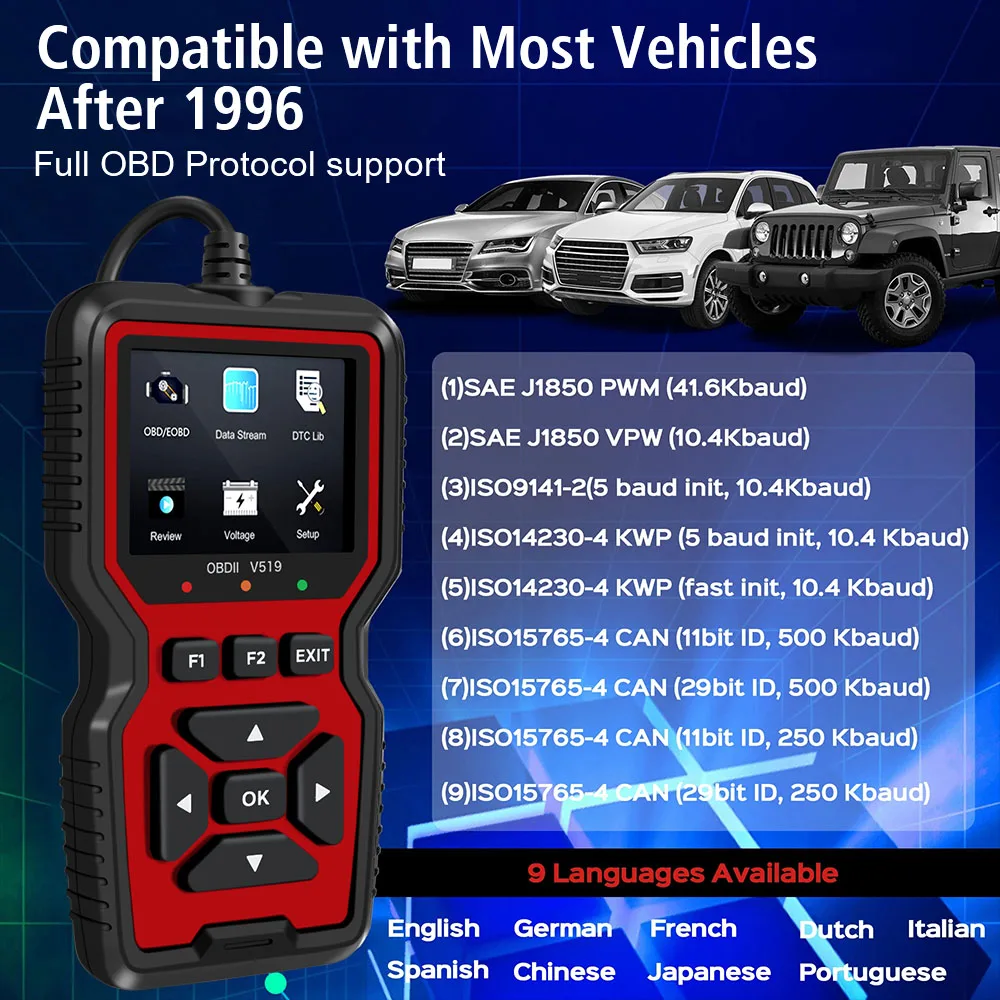 كشف جهد البطارية obd2 الماسح الضوئي أداة تشخيص خطأ السيارات محرك خطأ قراءة البيانات V519 Elm327