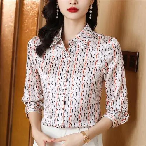 Hangzhou Simulation Silk Shirt Women\'s Long Sleeved Spring and Autumn New Fashion High-end Satin Big Brand Printed High-end Top