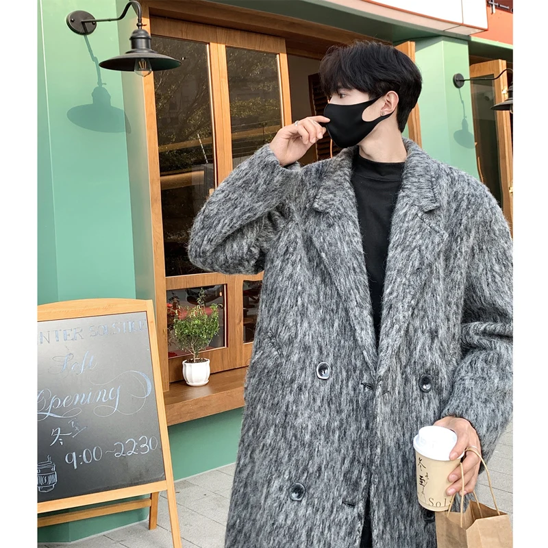 

Thiened Winter Men's Woolen Coat Long Hair Camere ey Suit Jaet Mid-Length Ele Sli American Sle Double-Breasted