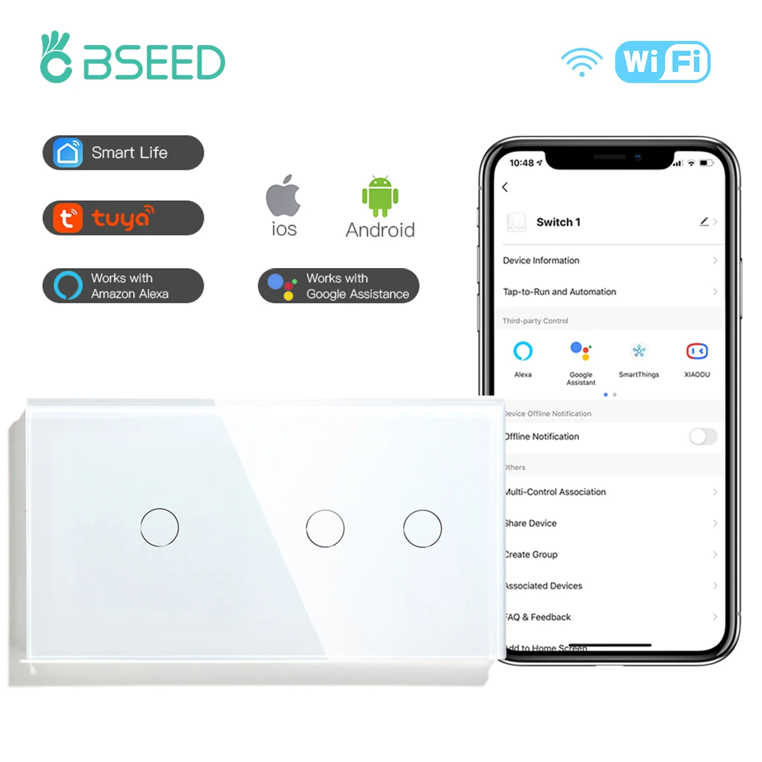BSEED Wifi 1/2/3Gang Smart Touch Schakelaars 1/2/3Way Wandlampschakelaars Tuya Smart Leven app Controle Plus Sockets EU Standaard