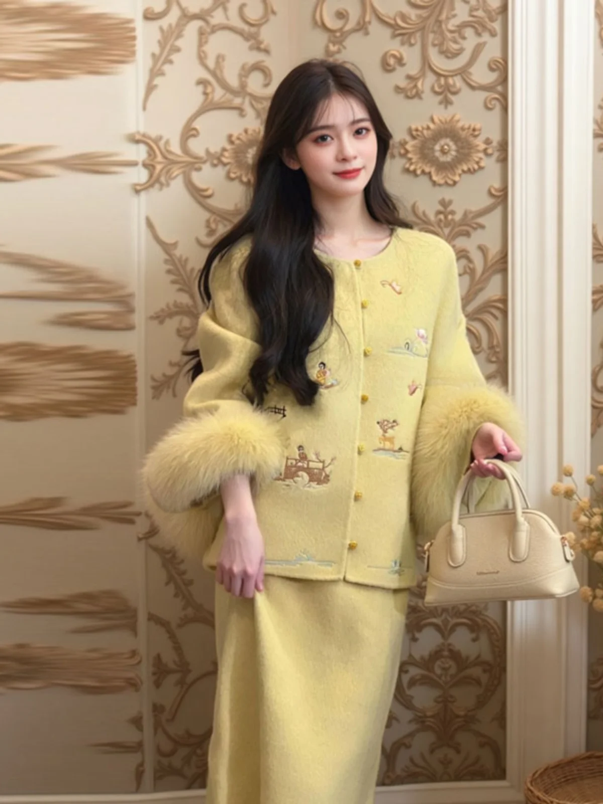 

New Chinese Style Fashion Set Retro High End Woolen Coat And Half Skirt Two Piece Set Super Beautiful Women's Ensemble