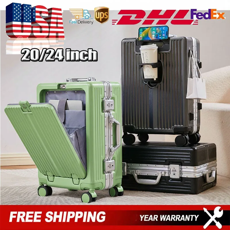 

Front Opening Pocket Suitcase with Aluminum Alloy Frame Lock USB Charging Plug Spinner Wheel Trolley Bags Travel Rolling Luggage