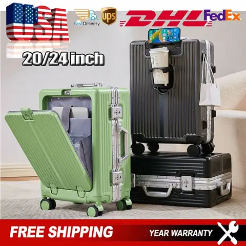 Front Opening Pocket Suitcase with Aluminum Alloy Frame Lock USB Charging Plug Spinner Wheel Trolley Bags Travel Rolling Luggage