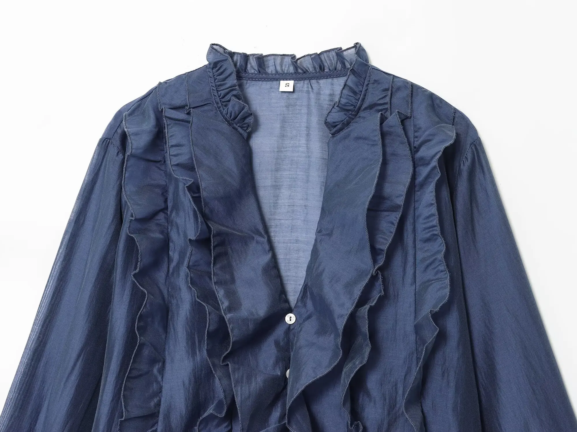 المرأة الفرنسية الطبقات قميص أعلى الإناث ربيع الخريف طويلة الأكمام الخامس الرقبة واحدة الصدر مثير قميص عارضة أزياء سيدة بلوزة