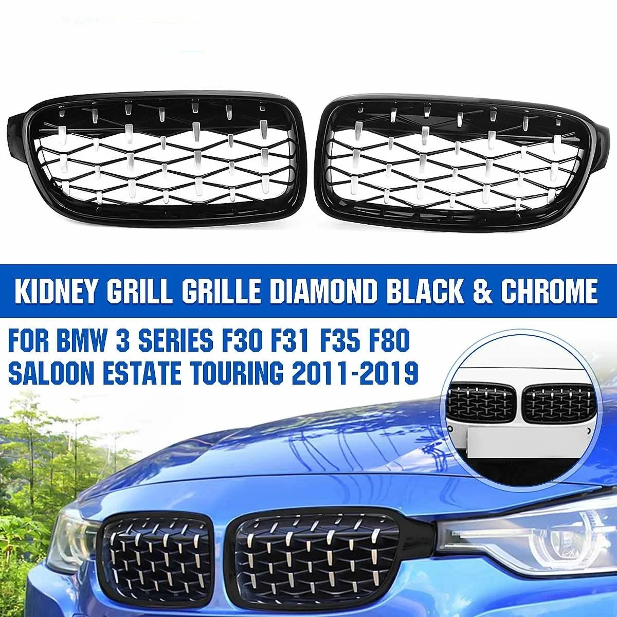 1Pair Car Front Bumper Kidney Grille For BMW 3Series F30 F31 F35 F80 2011-2019 Diamond Chrome Style Racing Grill