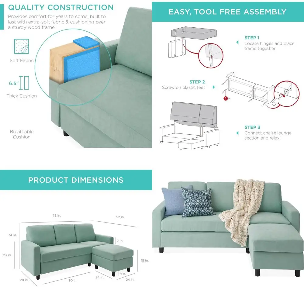 أريكة أكوا تشيس لاونج المقطعية للمنزل والنوم والمساحات المدمجة - 3 مقاعد، على شكل حرف L، مسند ذو وجهين، سعة 680 رطل