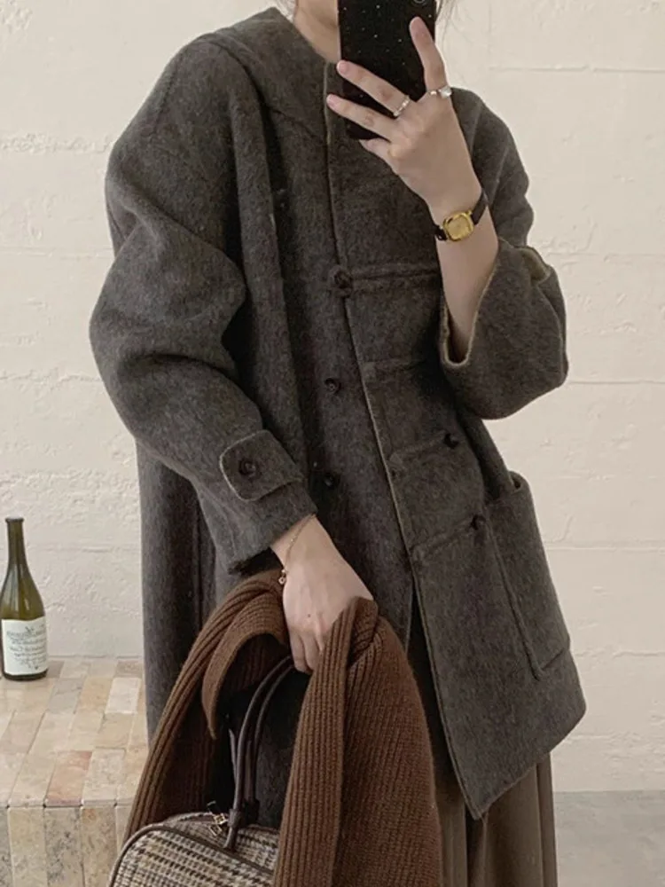 ZMEENNA Damen-Jacke aus Wollmischung im modernen Design, zweireihiger Mantel mit einzigartigen Knotenknöpfen, stilvolle Winter-Oberbekleidung ZM3659