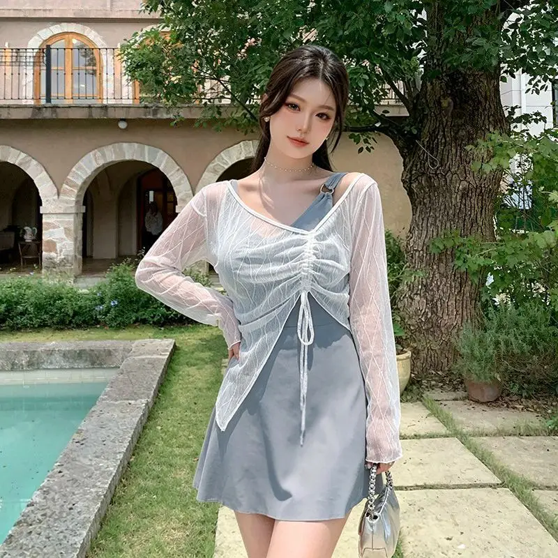 Women 2 Piece Swimdress Set Sling Skirted Swimsuit White Mesh Drawstring Long Sleeve Cover Up Summer Beach Bathing Suit Swimwear