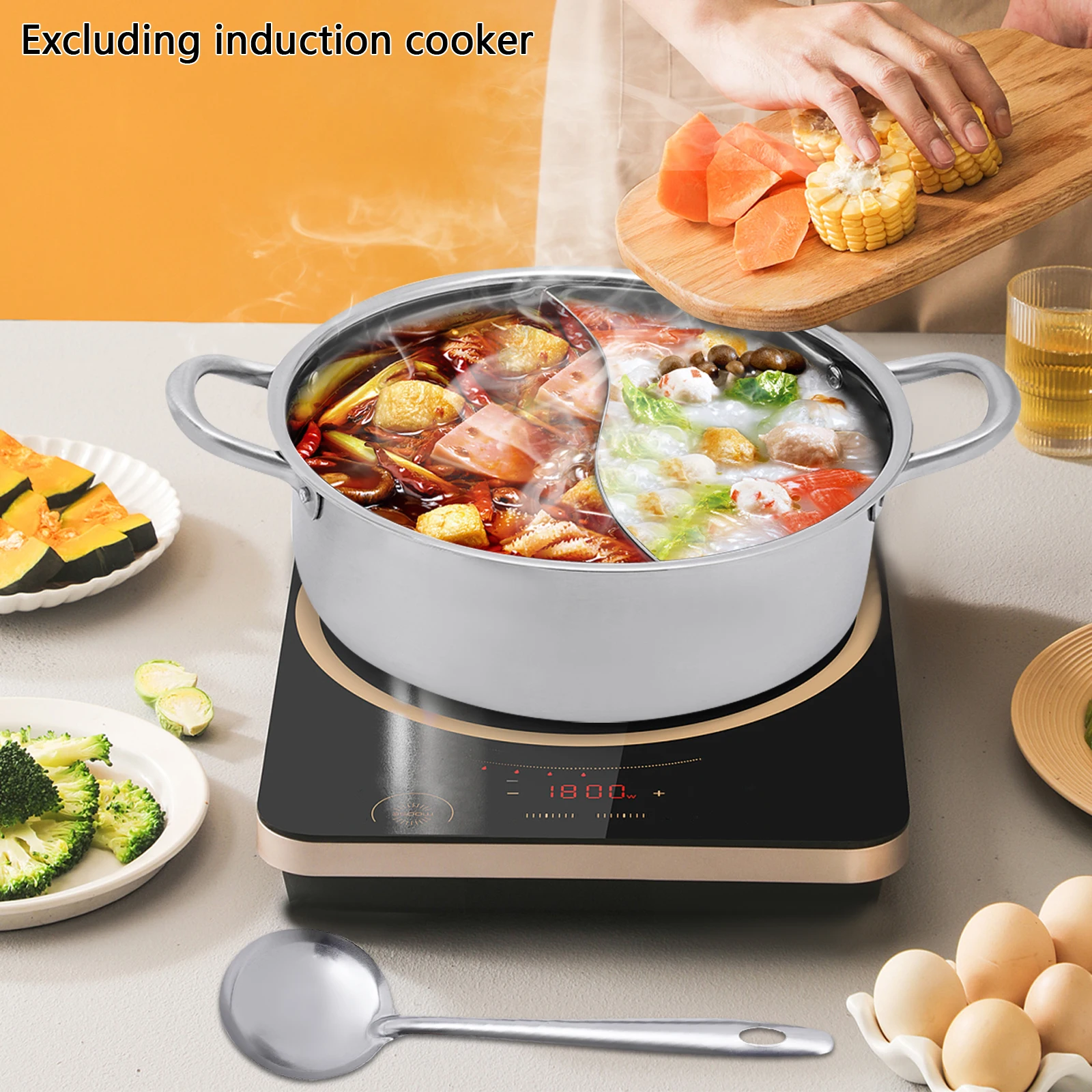 وعاء ساخن بمقصورة مزدوجة من الفولاذ المقاوم للصدأ 304 مقاس 118 بوصة مع غطاء زجاجي وأواني للطبخ العائلي بنكهتين للحساء في وقت واحد