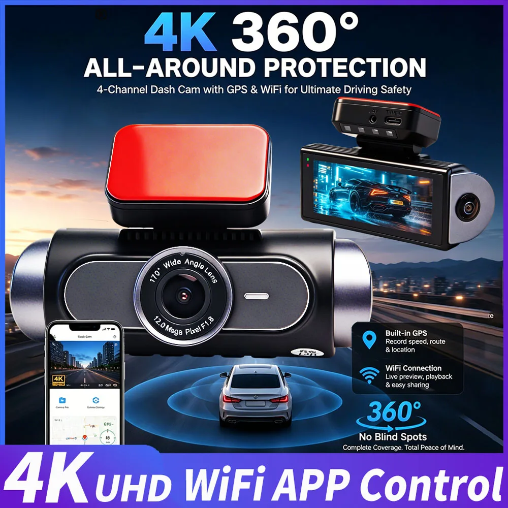 4K 4CHs Dash Cam WiFi GPS Car DVR Camera Dashcam Video Recorder 360 Panaromic Camera 24H Parking Monitoring Night Vision Dashcam