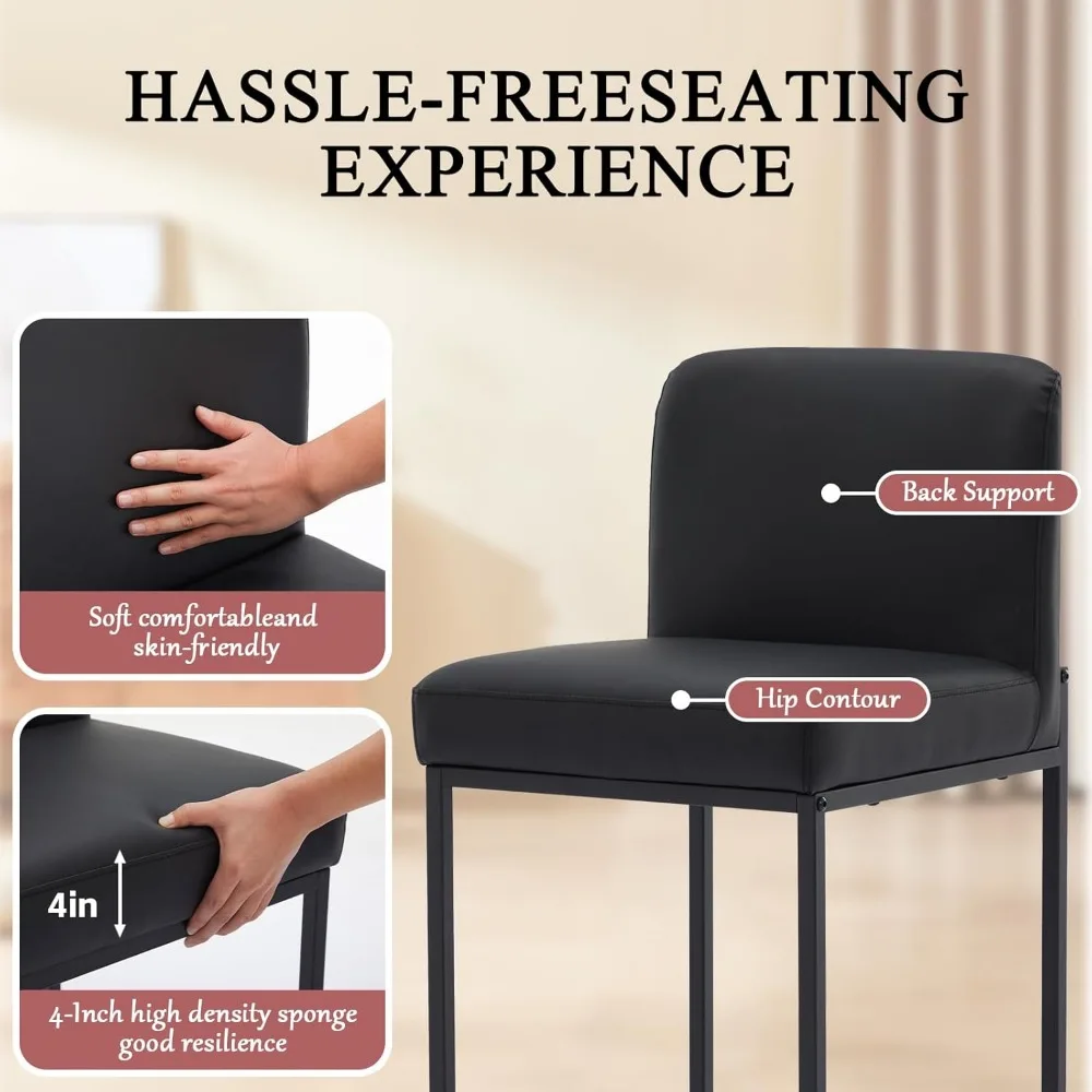 Banco de jantar decorado em couro PU com altura de bar, banco de bar e encosto de 24 polegadas