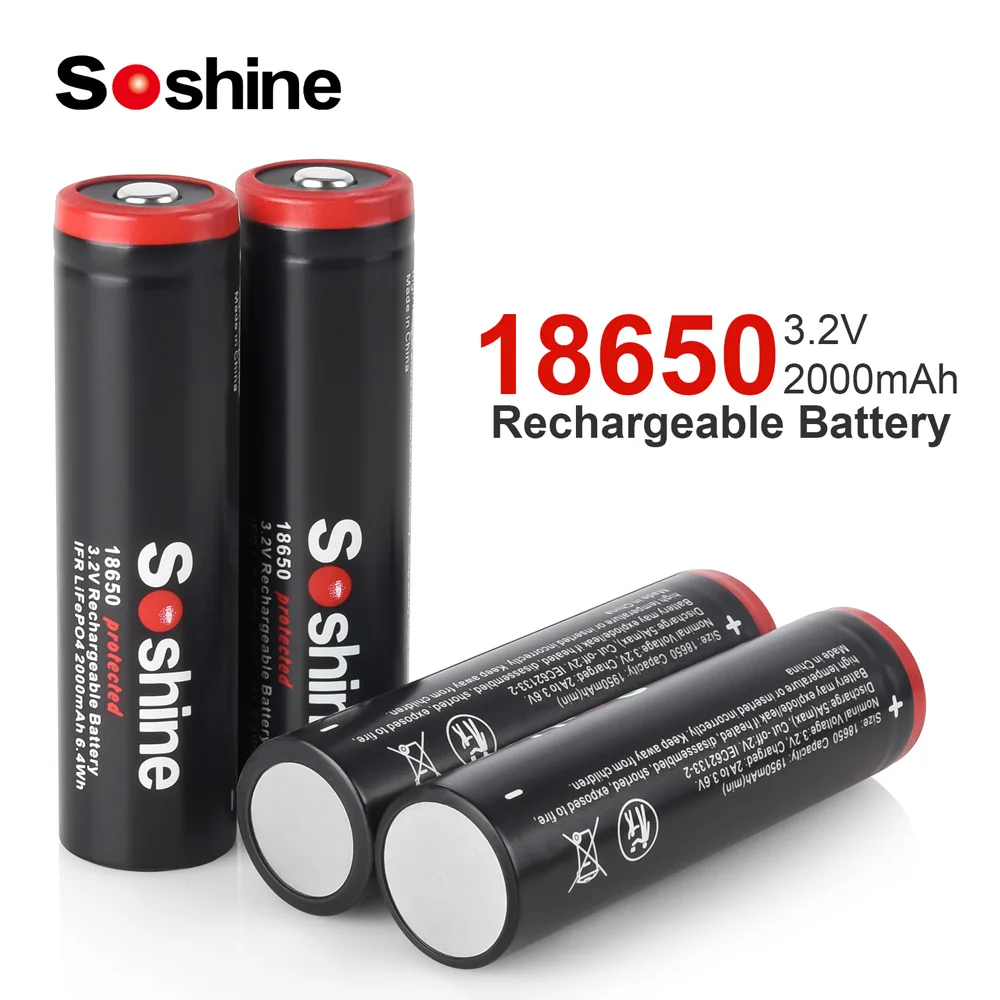 Soshine 18650 LiFePO4 Battery with Protected 3.2V 2000mAh Rechargeable Battery for Power Tool Home Appliance Solar System Razor