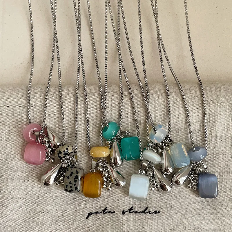 

Minar INS Hot Colorful Natural Stone Grape Strand Water Drop Tassel Pendant Necklaces for Women Silver Plated Box Chain Chokers