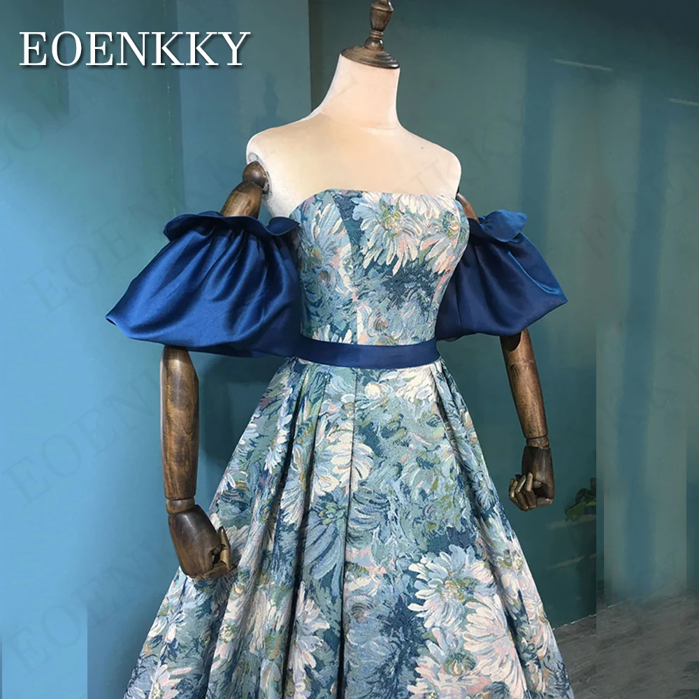 Luxury Flora Print Blue Korean Prom Dresses Removable Puff Sleeves Strapless A Line Evening Gowns Formal Occasion Floor Length