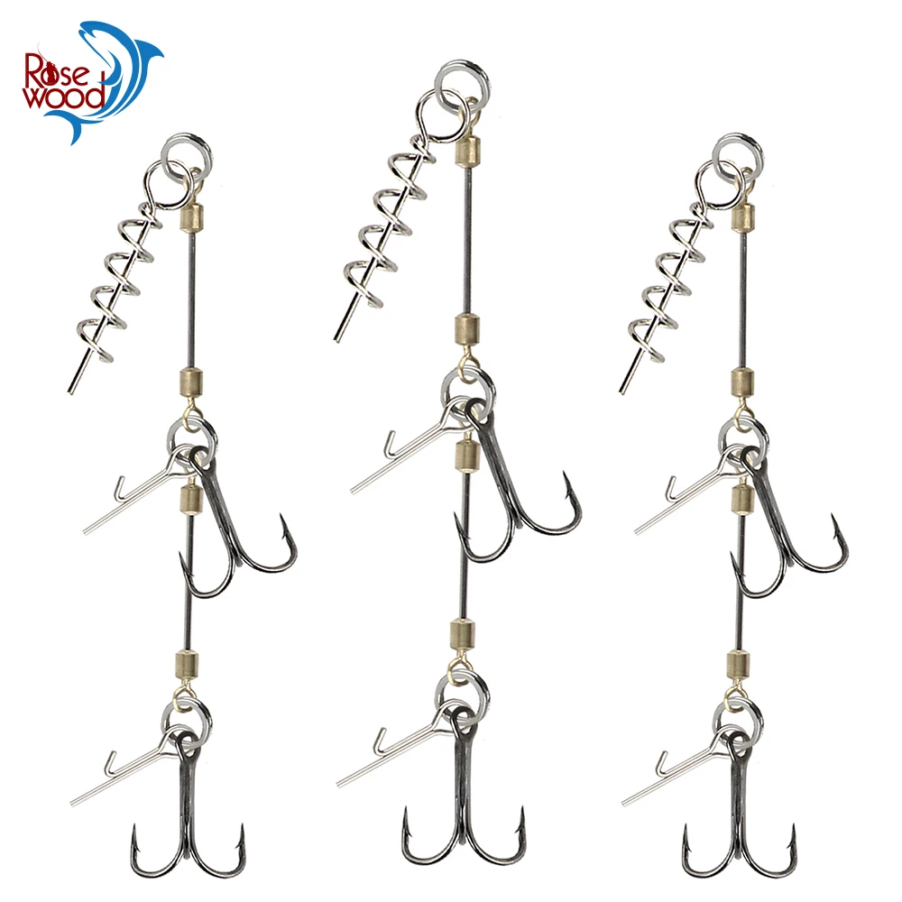 RoseWood Stinger Rig Hook for Softbait Shad Belly Pike Treble Fishing Hooks #6 #1 #1/0 Cork Screw Spin Rig Bass Pesca Equipment