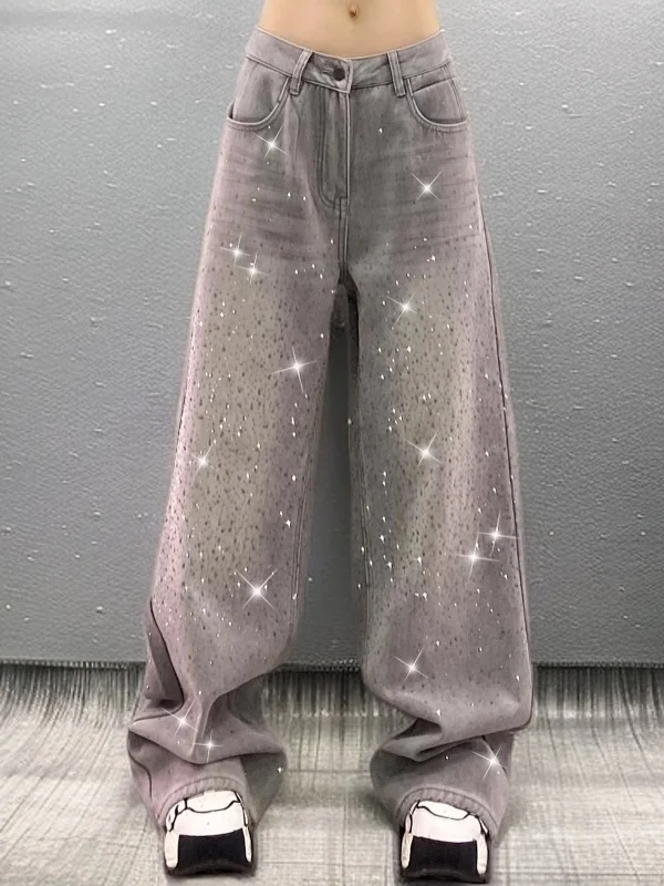 

Spring High Waist Wide Leg Jeans Women's Casual Sle ket Multi High Faion Sensation Street Sle Diamond Embellied Lo...