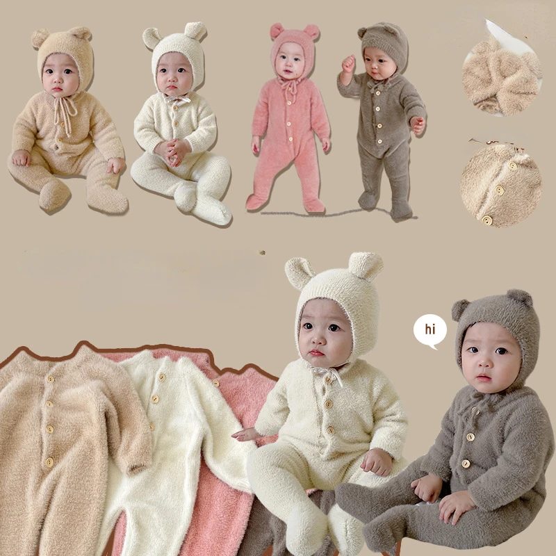 

Winter Newborn Baby Plush Bodysuit Button Jumpsuit Cartoon Bear Hoodies Boy Girl Romper Twins Clothes Korean version