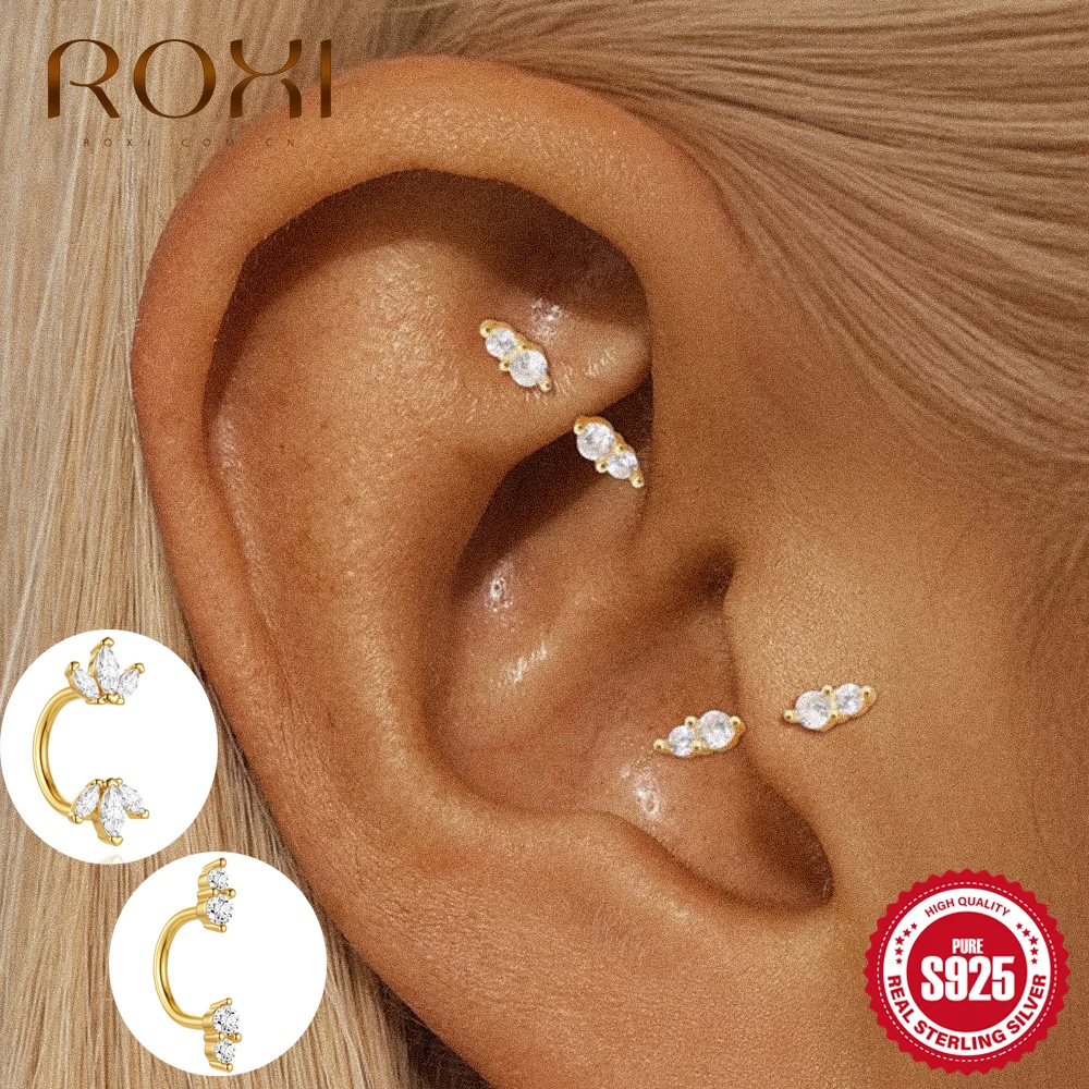 ROXI 1PC Gold S925 Silver Dainty Multi Shape CZ Cartilage Stud Tiny Star Tragus Piercing Aesthetic Earring Daily Occasion Wear