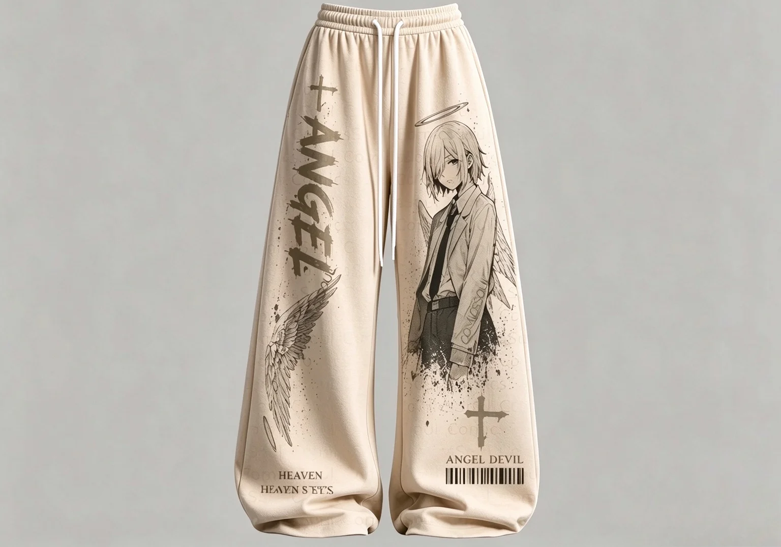Cross & Wing Graffiti Character Baggy Trousers, Light Silky Drawstring Pants Countryside Trip Retro Comic Art Illustration Fans