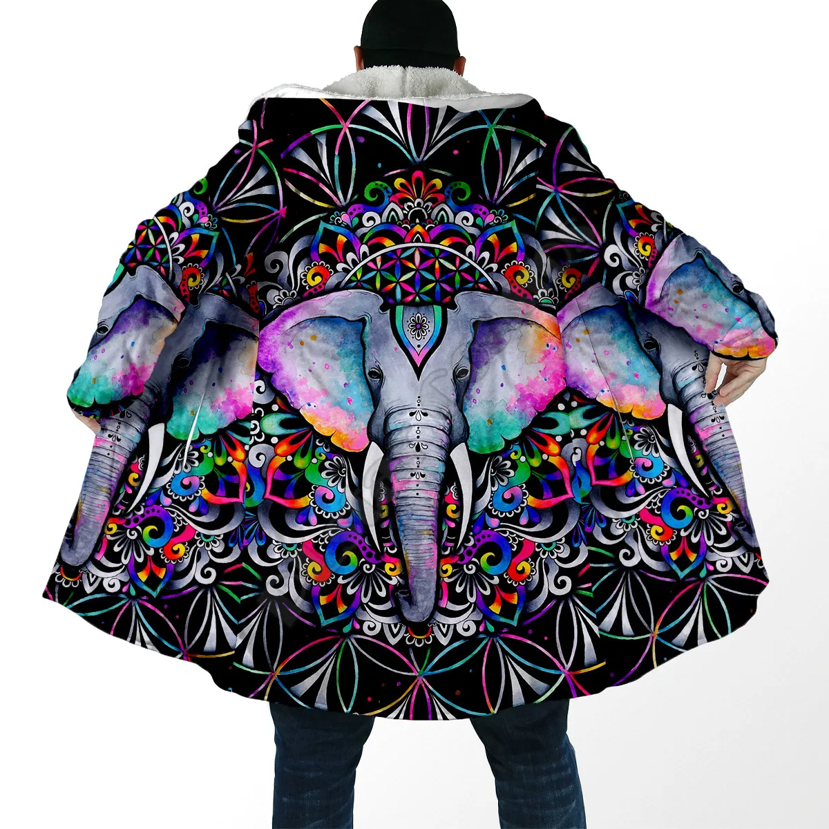 

Psychedelic Elephant 3D All Over Printed Fashion Winter Men/Women Hooded Cloaks Fleece Wind Breaker Unisex Casual Warm Overcoat