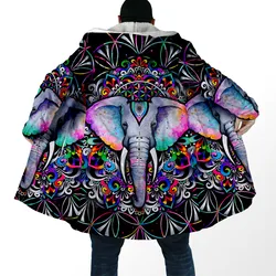 Completamente estampado de elefante psicodélico 3D para hombre y mujer, cortavientos de lana de capas con capucha, abrigo cálido informal Unisex, moda de invierno