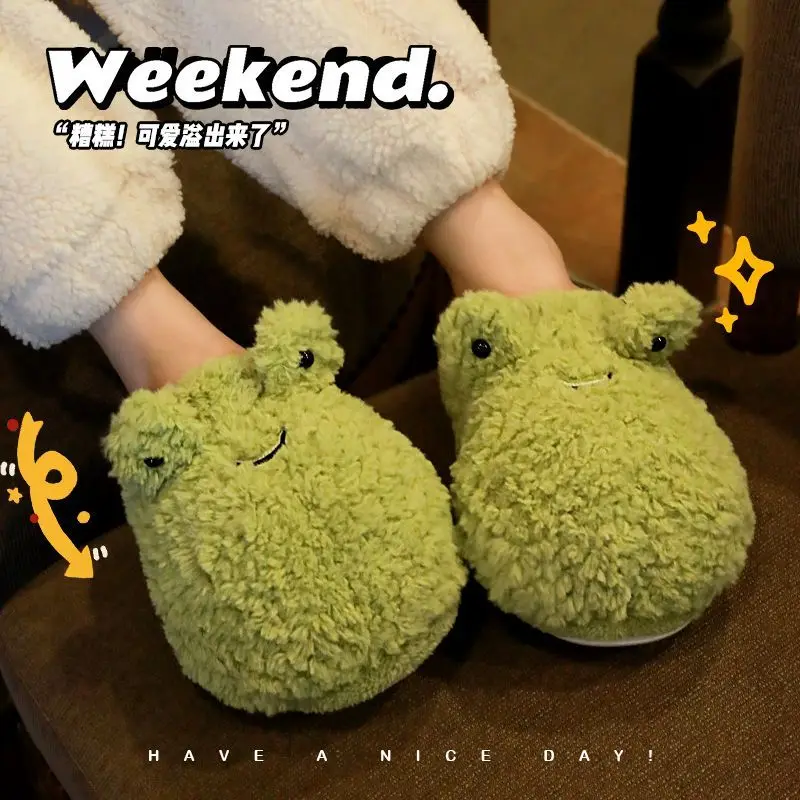 Animal Green SlippersWinter Cartoon Cute Room Shoes Home Couple Slippers Cute Frog Shoes Dormitory Non Slip Warm Cotton Slippers