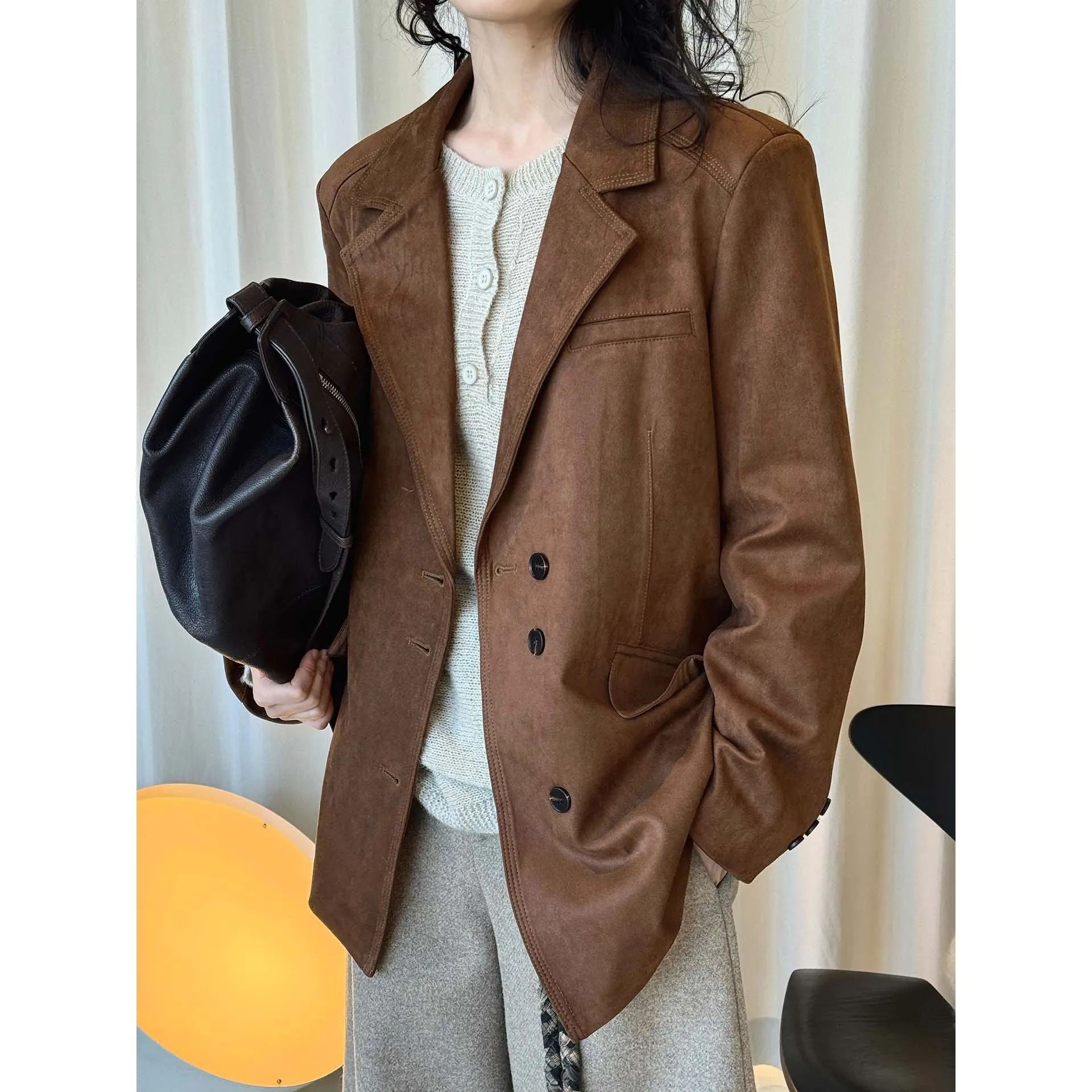 

Spring Symmetrical Pocket Suede Blazer Loose Fit Structured Jacket For Women