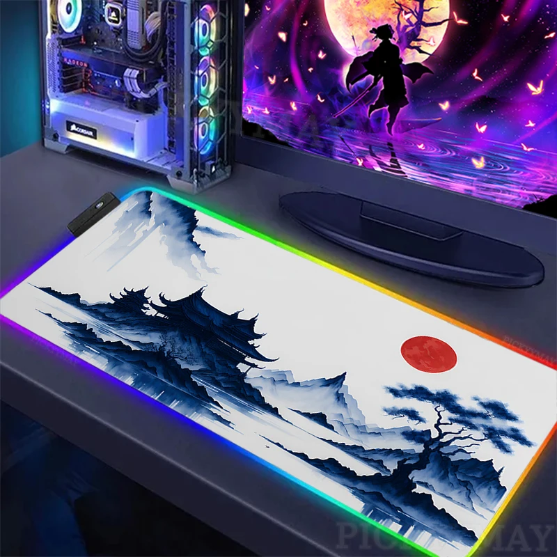 Ink Painting RGB Mouse Pad Gaming Mousepads LED Mouse Mat Keyboard Mat Anti-slip Mousepad XXL Luminous Desktop Rug Desk Mat