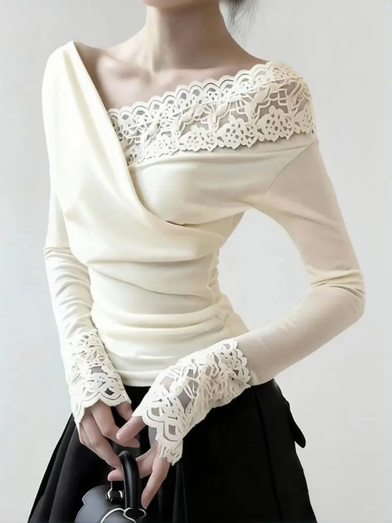 Sexy Patchwork Lace One Shoulder T Shirt Women Beige Casual Long Sleeve Basic Tees Vintage Korean V Neck Off Shoulder Tops