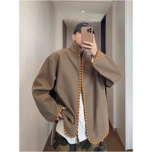 Large Size 300 Pounds Retro Tiger Pattern Weave Belted Woolen Stand Collar Jacket Men's Fashion Autumn Winter New Style Hands...