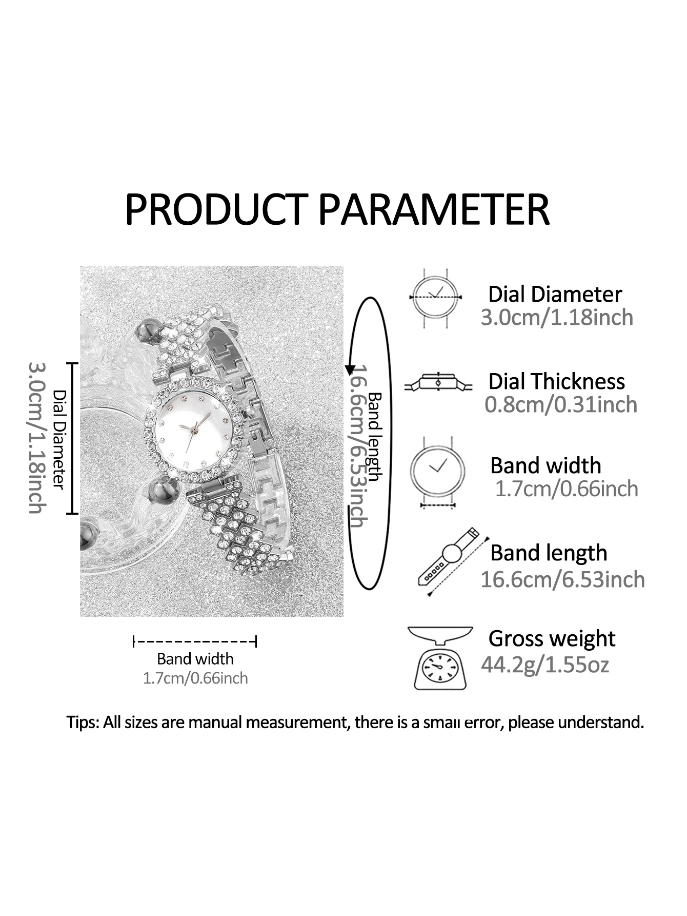 Reloj de cuarzo plateado con incrustaciones de diamantes rectangulares para mujer, conjunto de joyas para uso diario, una fiesta llena de diamantes