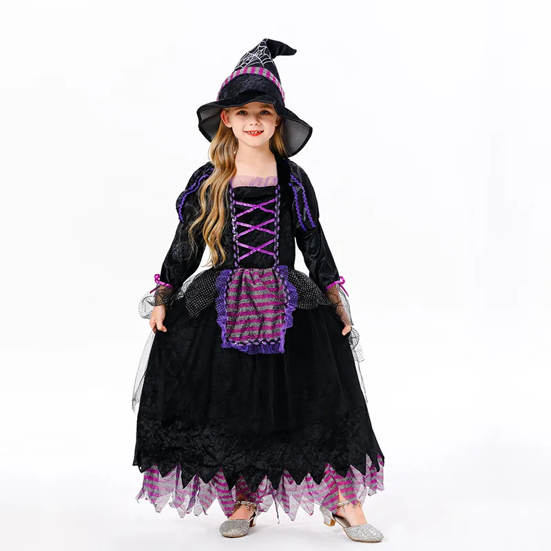 Halloween Vampire Cosplay Costume for Kids Girls Fantasy Witch Dress with Hat Carnival Party Children's Stage Performance Dress