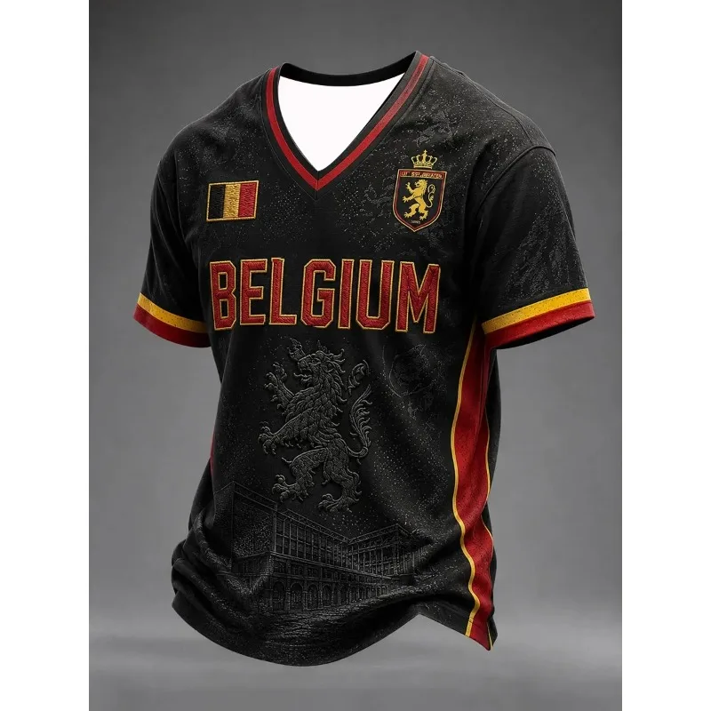 Vintage Belgium Lion Graphic 3D Print Football Jersey Black Red Yellow Trim Unisex Short Sleeve Fan Sports Streetwear T-shirt